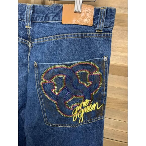 Gino Green Global Embroidered Denim Blue Jeans Y2K Grunge Street Skater Size 34 - Picture 2 of 5